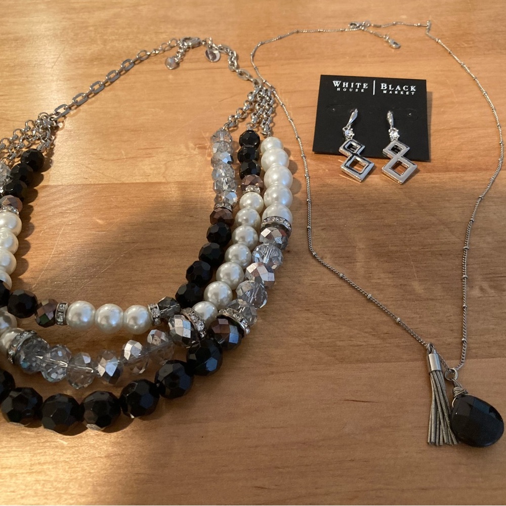 White House Black Market Silver & Black Multi-Strand Necklace Set